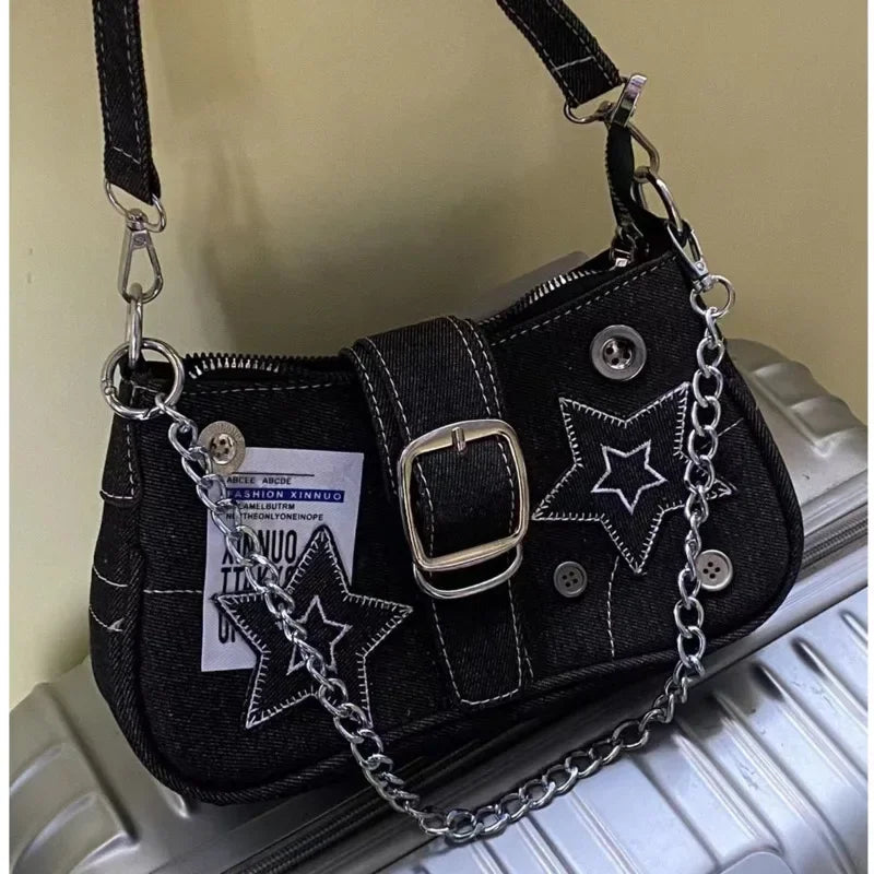 Vintage Canvas Female Small Shoulder Bags Chain Tote Purses Y2k Fashion Women's Handbags Stars Pattern Cool Girls Underarm Bag