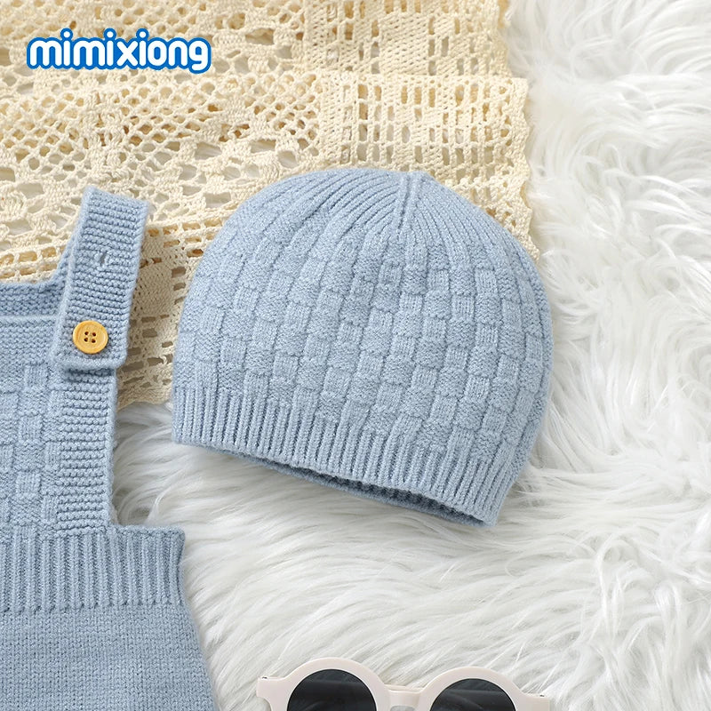 Newborn Baby Sleeveless Rompers Sleeveless Knit Infant Boys Girls Strap Jumpsuits Hats Clothes Sets 0-18m Toddler Playsuits 2pcs