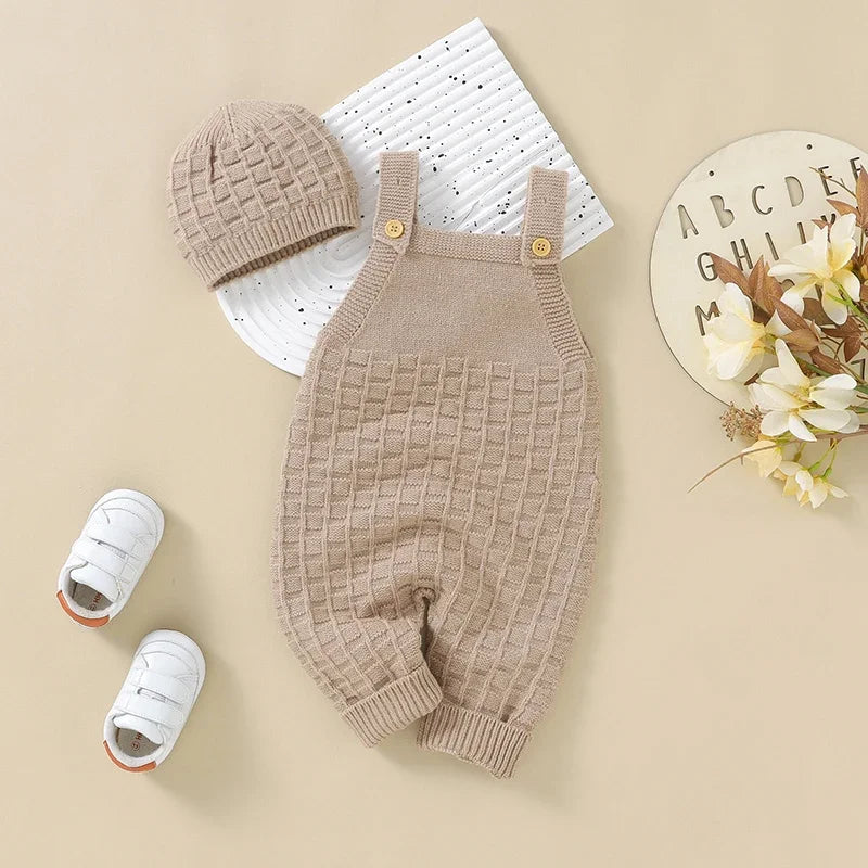 Baby Romper Fashion Solid Newborn Girl Jumpsuit Sleeveless Summer Infant Boy Sling Clothes Hat Knit 0-18M Overalls 2pcs Playsuit