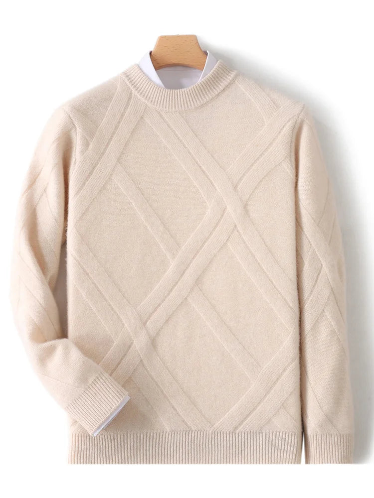Choice New Men Autumn Winter Wool Sweater Mock Neck Long Sleeve Pullover 100% Merino Wool Knitwear Rhombus Knit Clothing Tops
