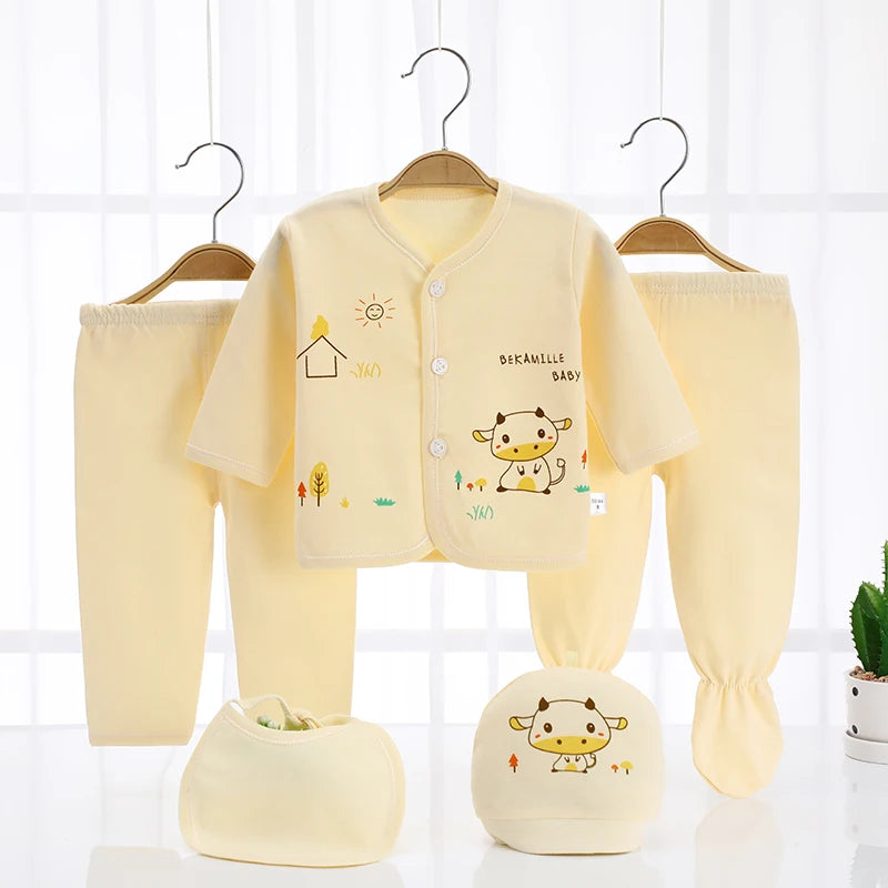 Newborn Baby Clothes Set ( 5pcs/set) Infant Girl Boy Shirt Pant Bib Hat Clothing Suit