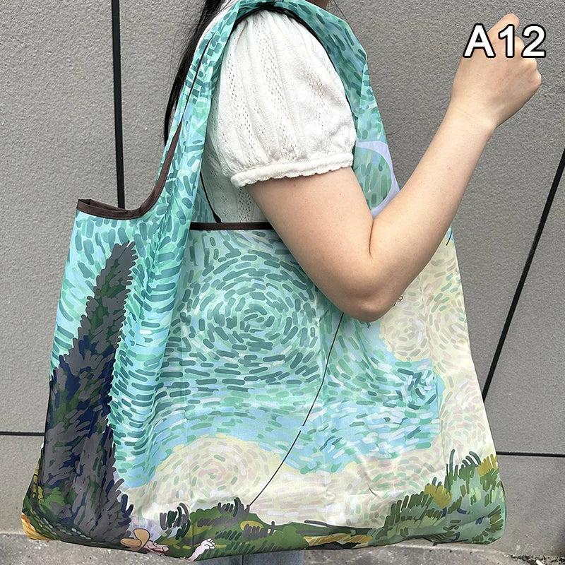 New Fashion Bag Foldable Shopping Bag Reusable Grocery Storage Bag Nylon Portable Shoulder Handbag Travel Tote Bag