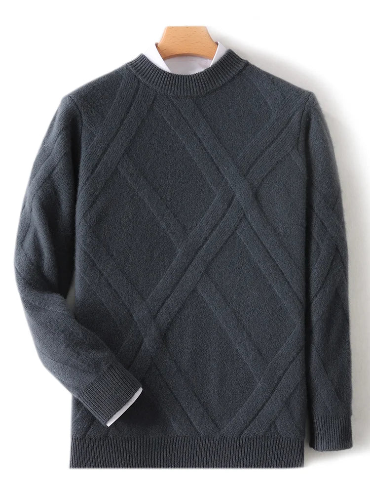 Choice New Men Autumn Winter Wool Sweater Mock Neck Long Sleeve Pullover 100% Merino Wool Knitwear Rhombus Knit Clothing Tops