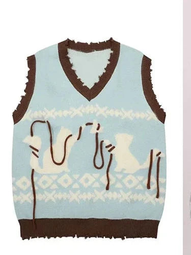 Japan Style Cute Women Sweater Vest Printed Sleeveless Loose Outerwear Knitted Waistcoat 2026 Vintage Y2K Autumn Pullovers Tops