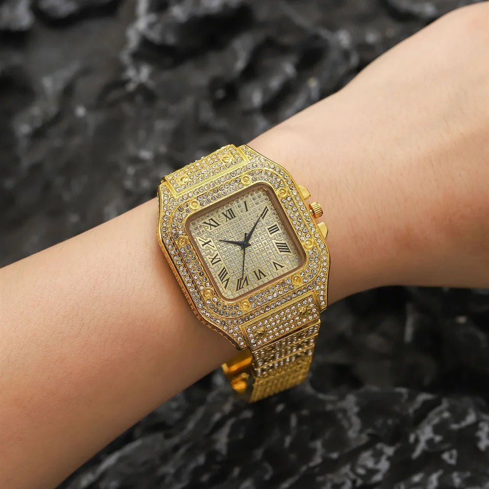 Men's Luxury Full Diamond Square Watch Iced Out Crystal Quartz Wristwatch Business Casual Waterproof Timepiece