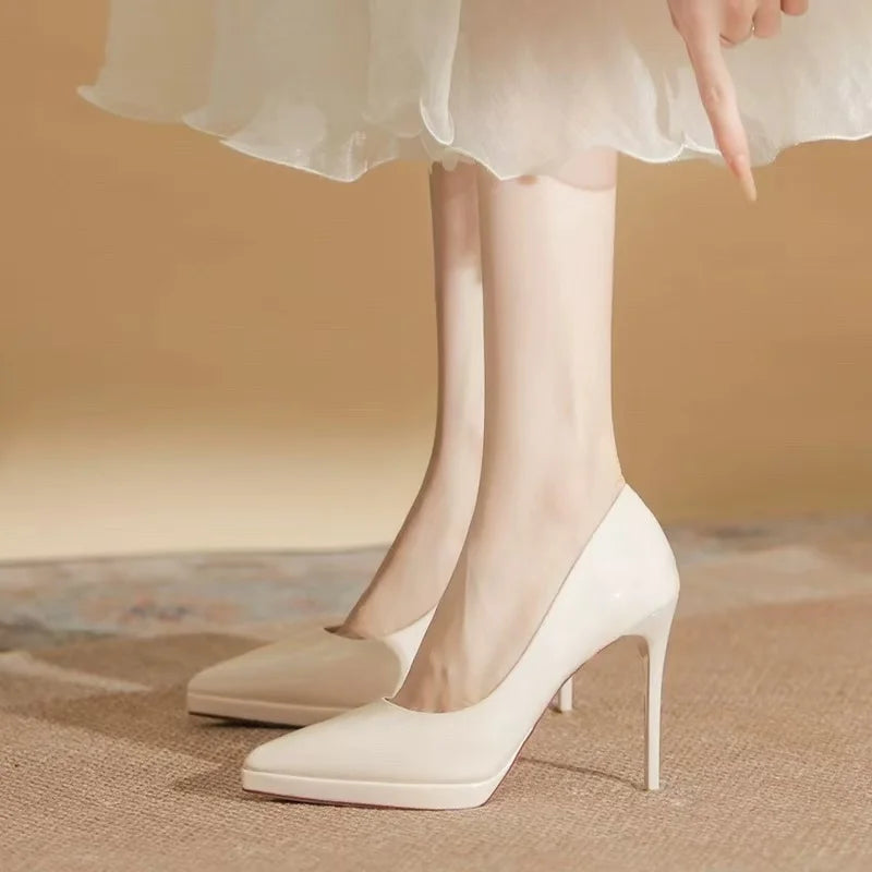 Pointed Toe High Heels Women's Shoes Comfortable Red Sole Waterproof Platform Spring Autumn Etiquette New 2025 Thin Heel