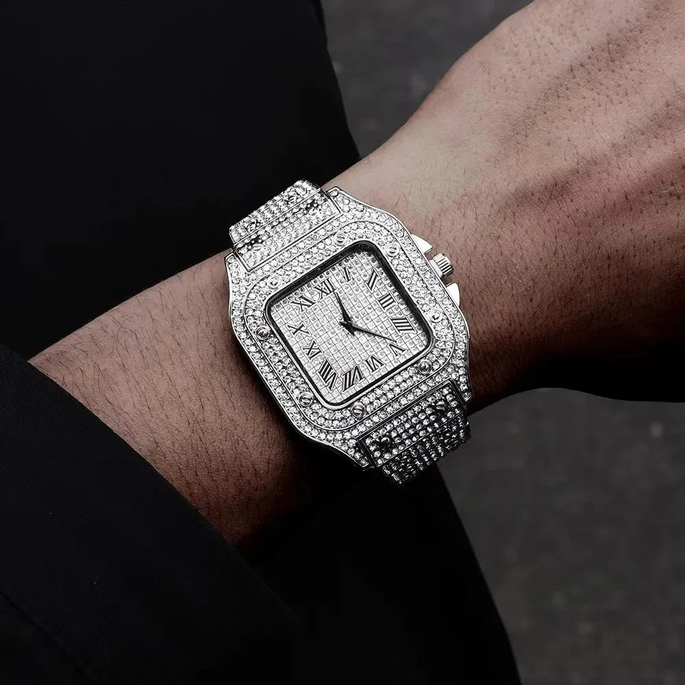 Men's Luxury Full Diamond Square Watch Iced Out Crystal Quartz Wristwatch Business Casual Waterproof Timepiece