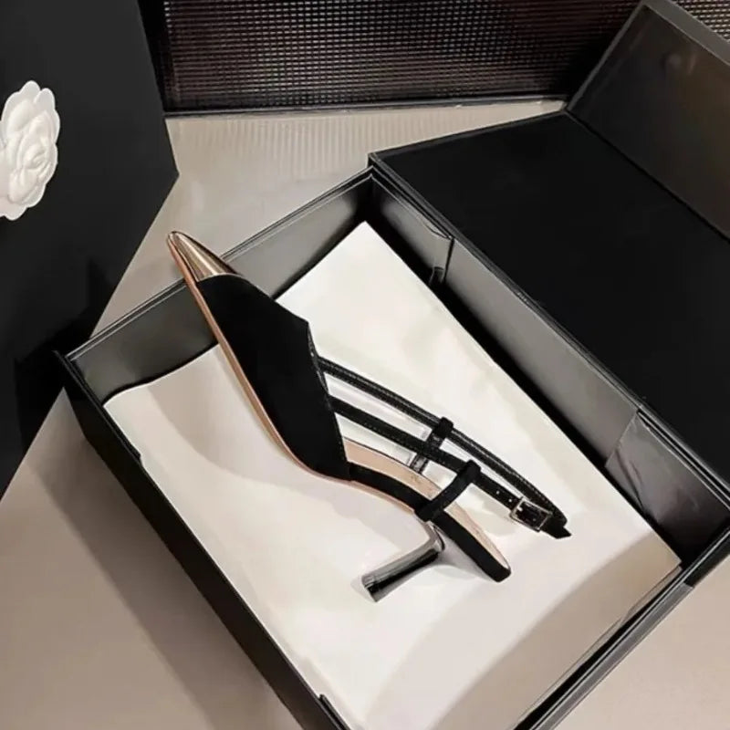 Pointed Toe High Heels Women's Thin Heel Summer 2026 New Black Seductive Suede Personality Wrap Head Sandals Women Fashionable