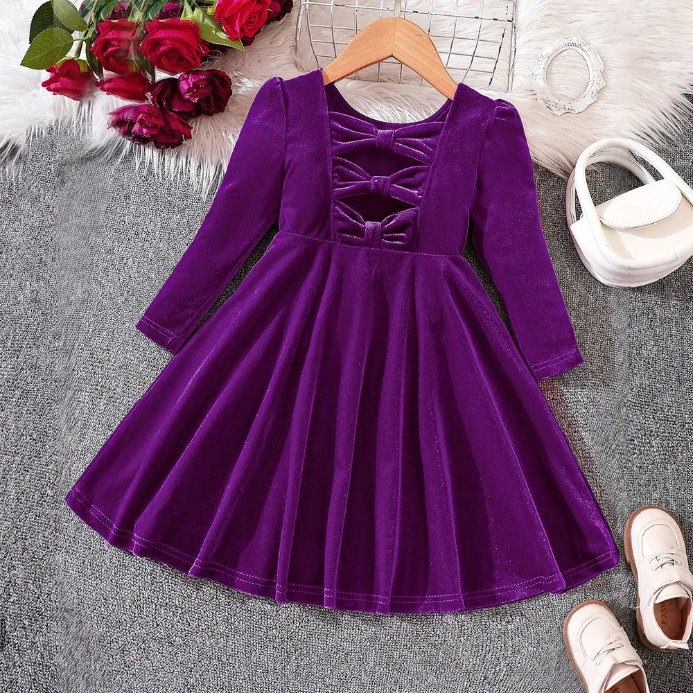 Prowow Children's Party Dresses Girls Clothing Long Sleeve Bow Hollow Out Pink Velvet Dress For Girls Kids Fall Winter Clothes