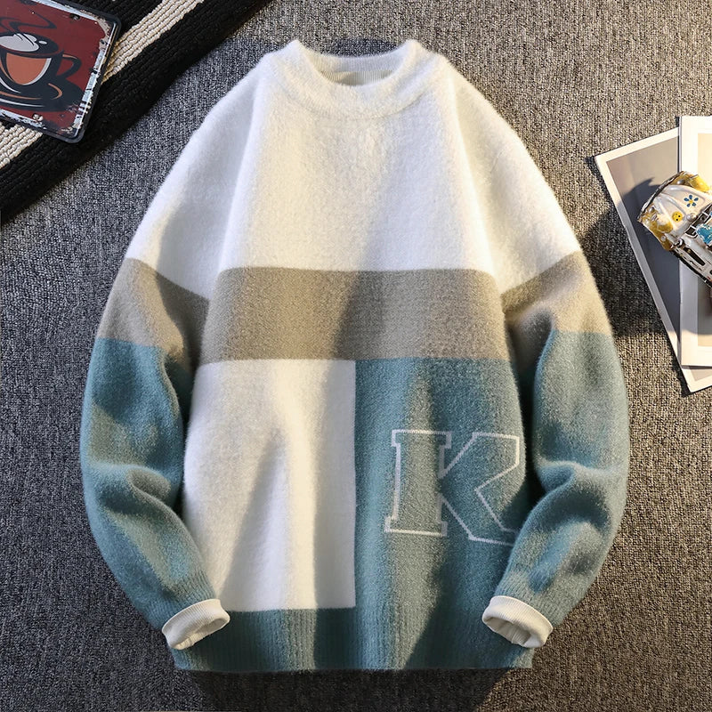 Trendy Men's Round Neck Sweater Autumn Winter Color Block Knitwear Minimalist Urban Loose Pullover Fashion Casual Streetwear Top
