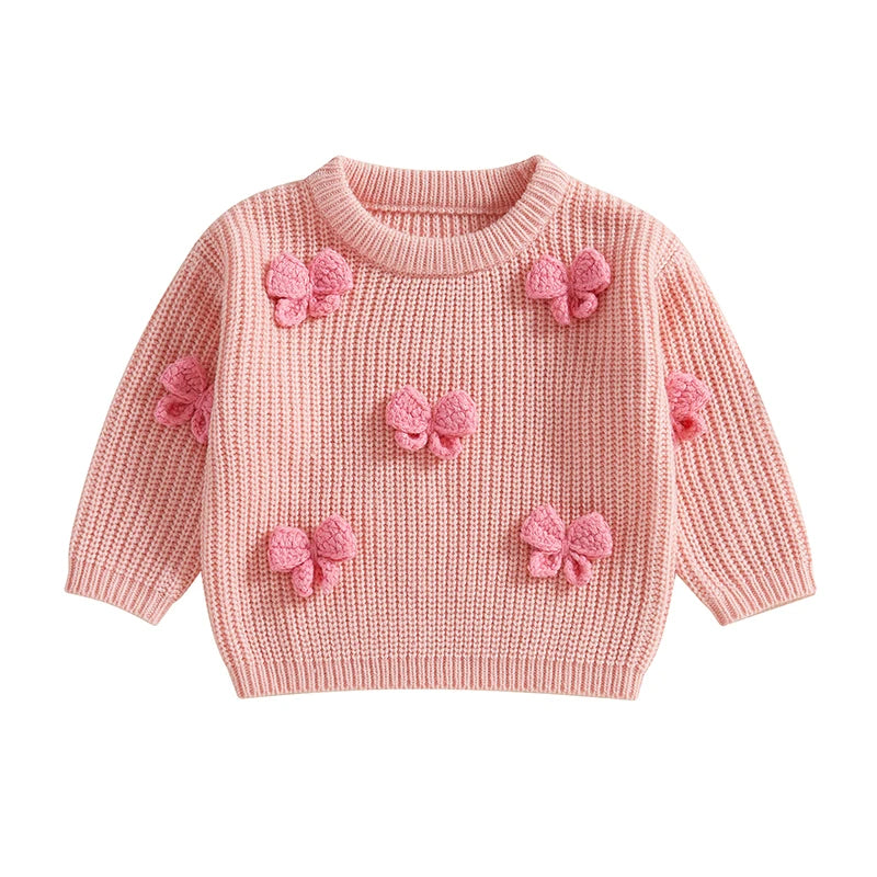 Pudcoco Toddler Kids Baby Girl Fall Sweater 3D Bowknot Long Sleeve Crew Neck Warm Clothes Winter Knitwear 9M-4T