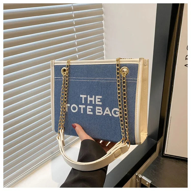 New Denim Patchwork Commuter Bag for Women, Large Capacity Embroidered Lettering Chain Underarm Crossbody Bag