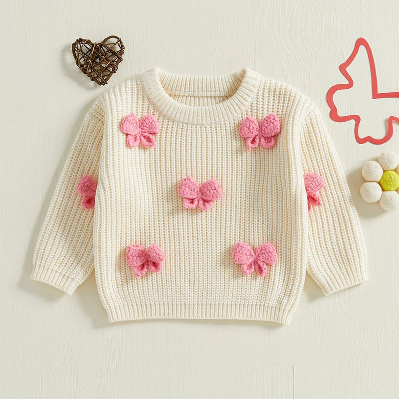 Pudcoco Toddler Kids Baby Girl Fall Sweater 3D Bowknot Long Sleeve Crew Neck Warm Clothes Winter Knitwear 9M-4T