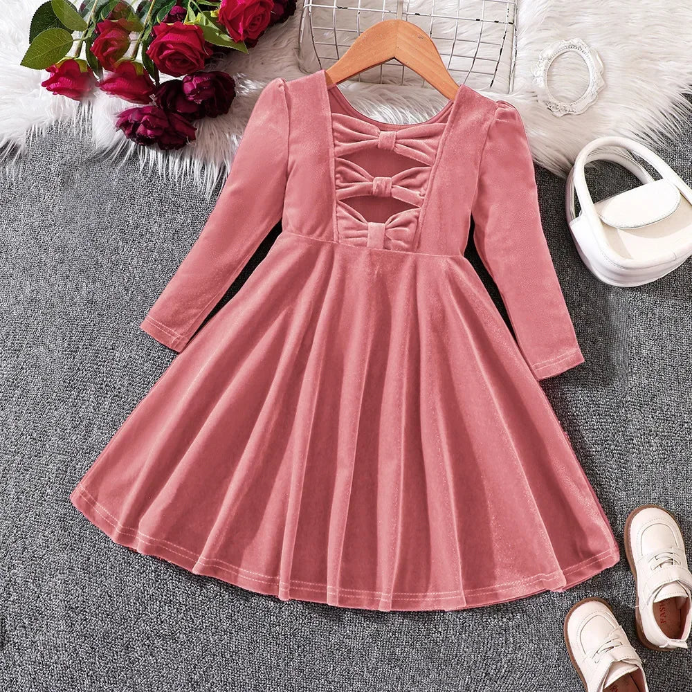 Prowow Children's Party Dresses Girls Clothing Long Sleeve Bow Hollow Out Pink Velvet Dress For Girls Kids Fall Winter Clothes