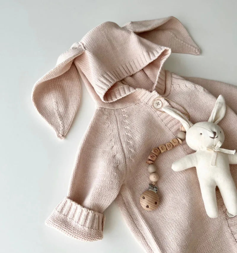 Knitted Baby Clothes Newborn Cute Hooded Baby Girl Boy Romper Clothes With Bunny Ear Cotton Infant Sweater Baby Romper Jumpsuit