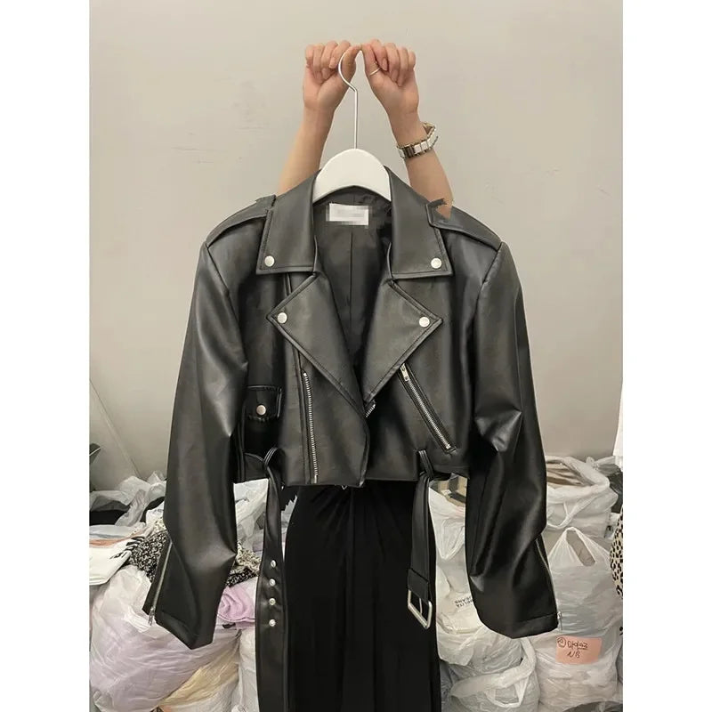 Women Oversized Vintage Loose Pu Faux Leather Short Jacket with Belt Streetwear Female Zipper Retro Moto Biker Coat Outwear
