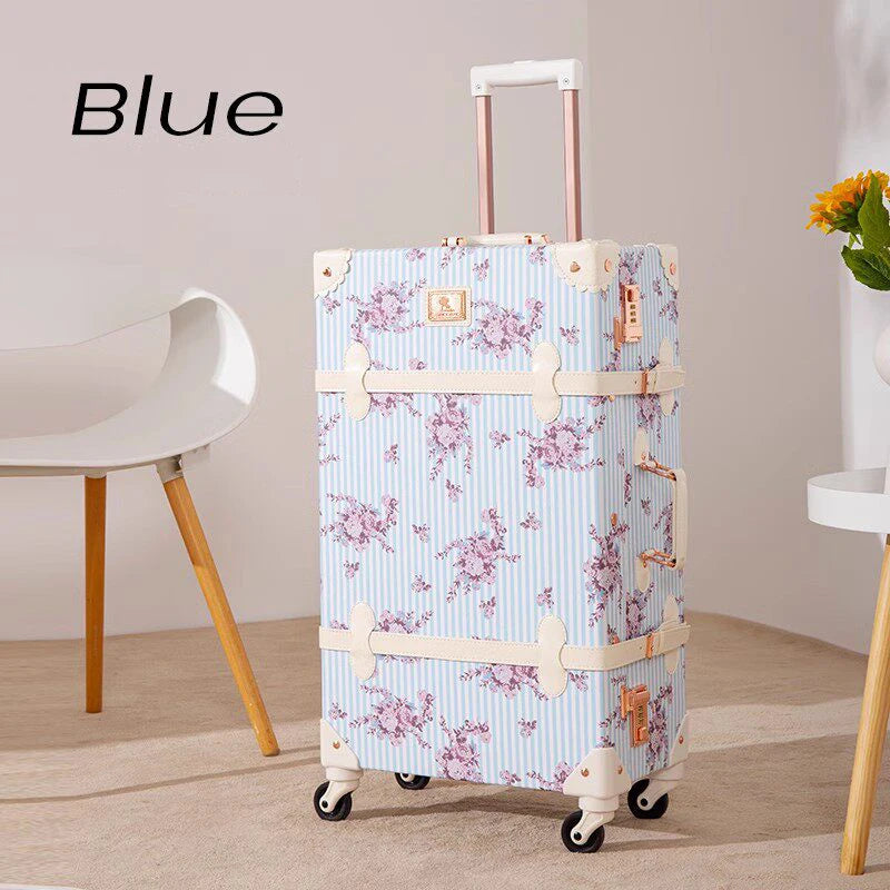New Vintage Travel Suitcase Women Set Handbag Boarding Trolley Luggage Universal Wheel Fresh Floral Fashion Bag 20/22/24/26 Inch