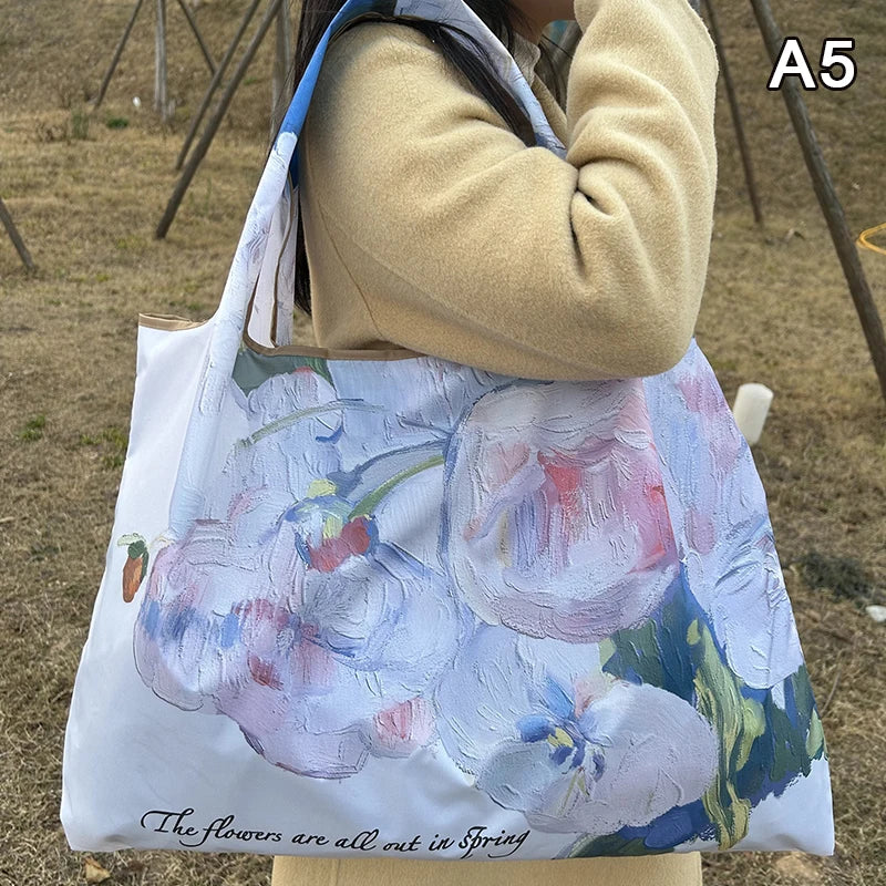 New Fashion Bag Foldable Shopping Bag Reusable Grocery Storage Bag Nylon Portable Shoulder Handbag Travel Tote Bag