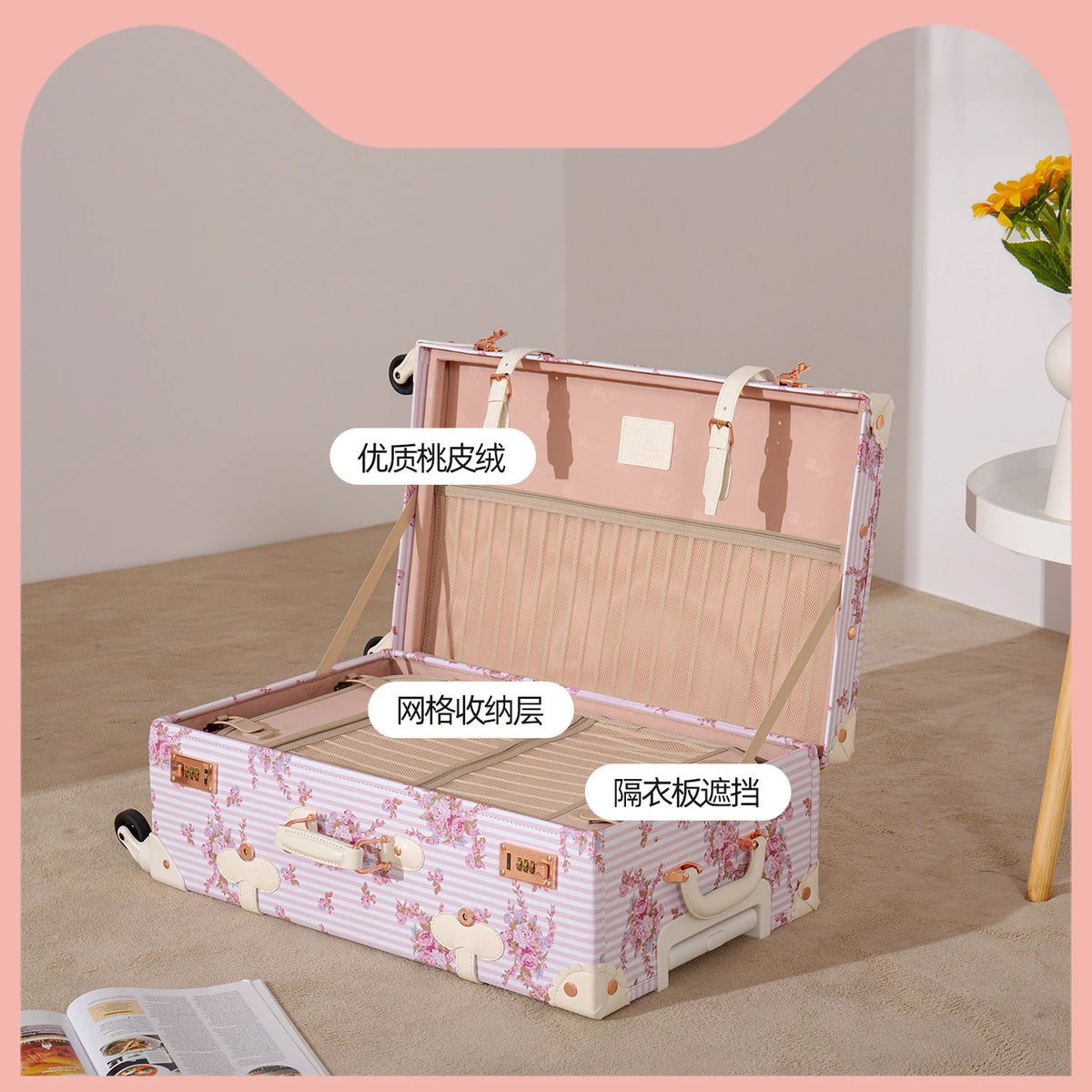 New Vintage Travel Suitcase Women Set Handbag Boarding Trolley Luggage Universal Wheel Fresh Floral Fashion Bag 20/22/24/26 Inch