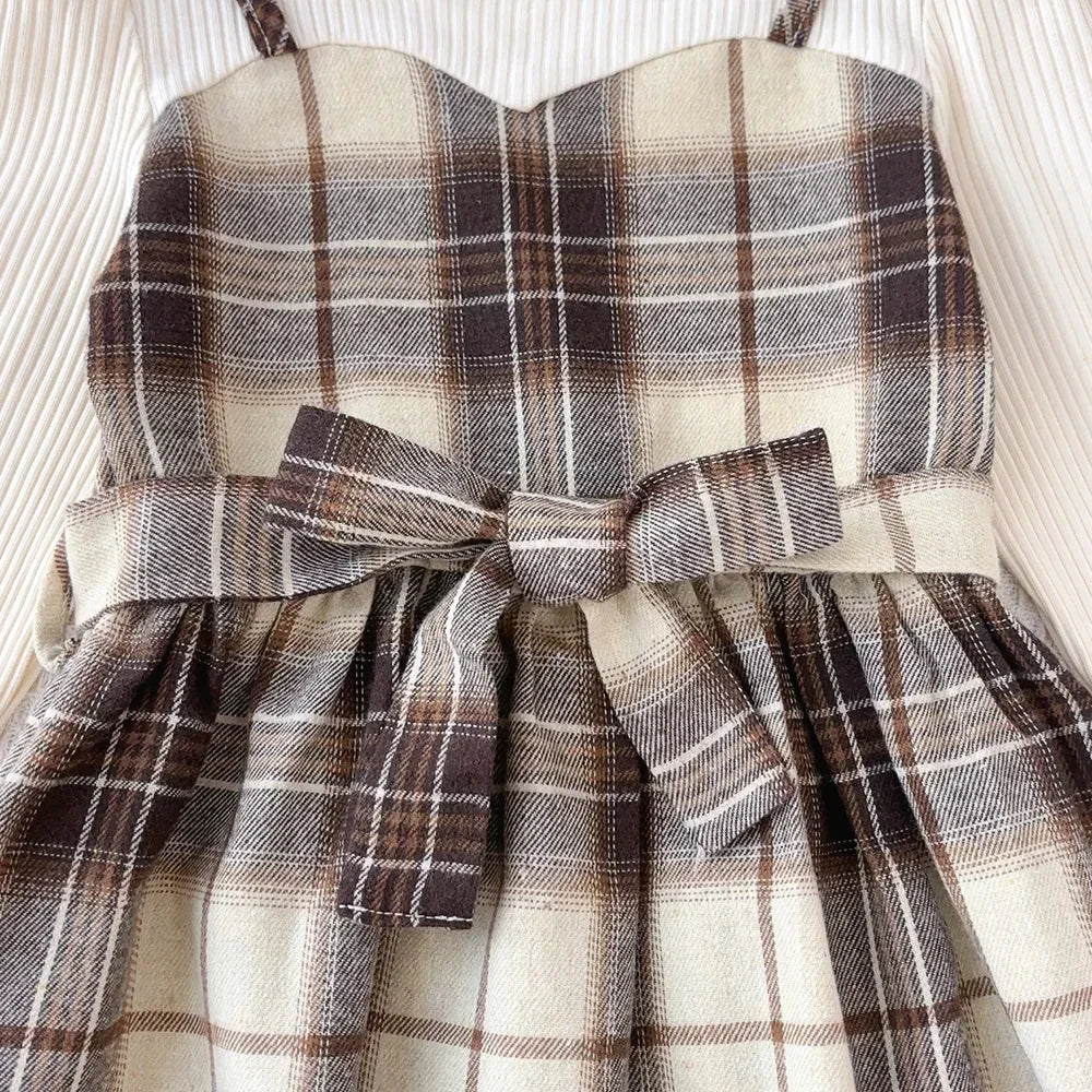 Bear Leader Fashion Splicing Fake Two Girls' Clothing 2026 Autumn Khaki Kids Dresses for Girls Plaid Long Sleeved Dress+ Hat
