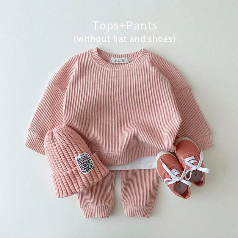 Baby Girls Clothes Autumn Cotton Kintting Clothing Sets Mock 2PCS Waffle Cotton Kids BoysSets Tracksuit Tops+Pants Korean