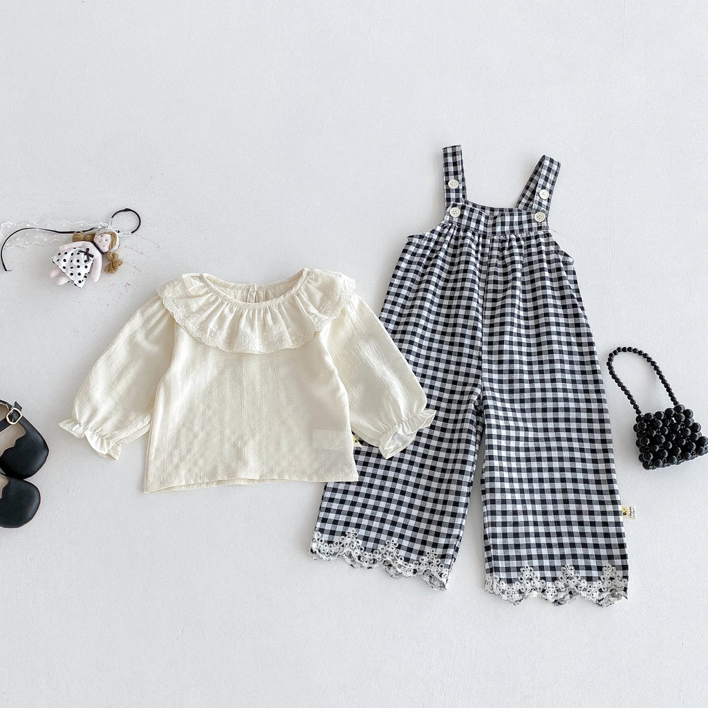 Baby Set: Autumn Girl Baby Lapel Long-Sleeved Top + Plaid Overalls Set, Sweet and Stylish Princess Set