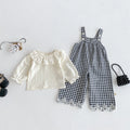 Baby Set: Autumn Girl Baby Lapel Long-Sleeved Top + Plaid Overalls Set, Sweet and Stylish Princess Set