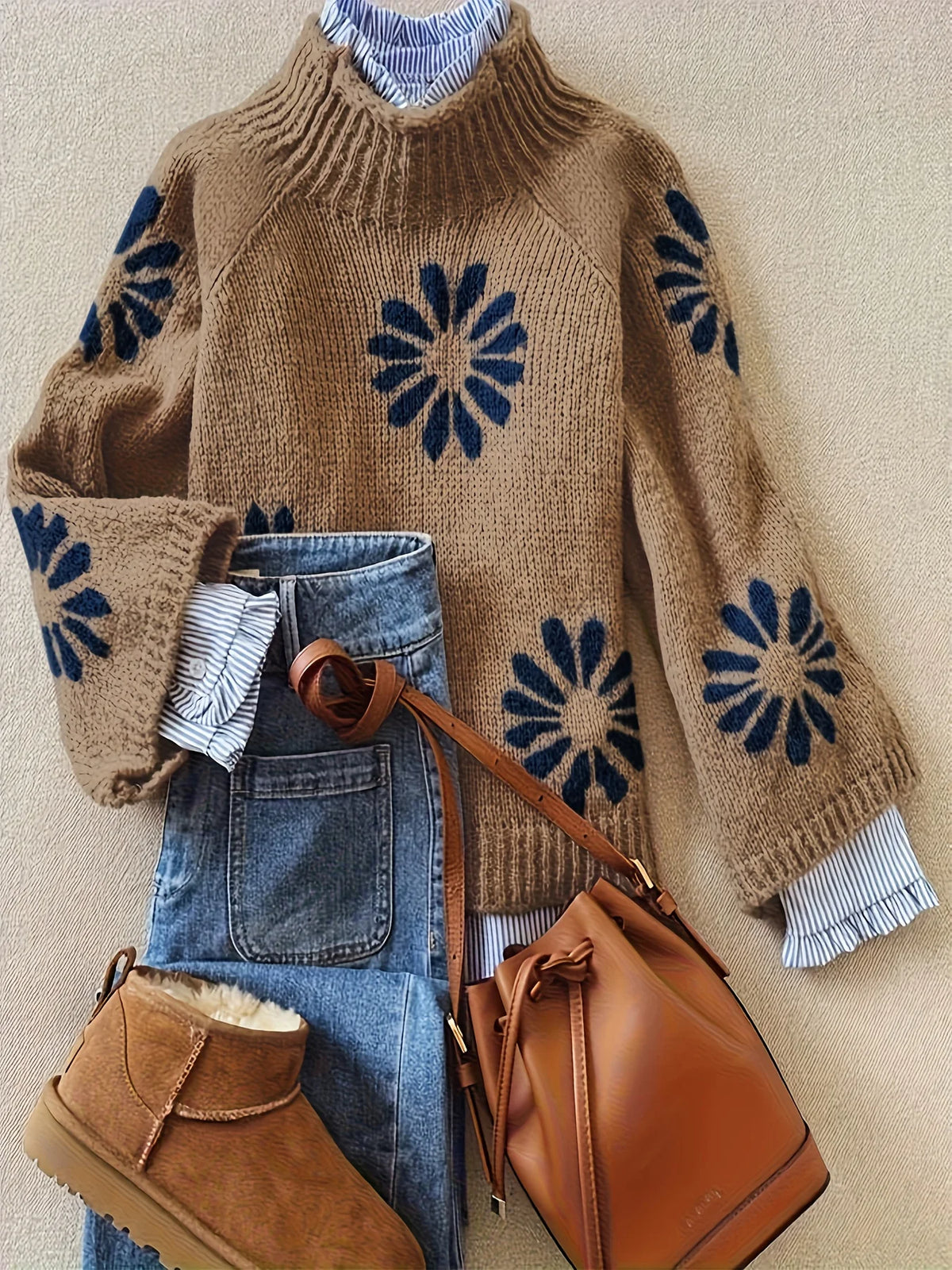 Winter Women's Knit Sweater Ribbed Floral Design Long Sleeve Pullover Fall New Arrival Knitwear Casual streetwear