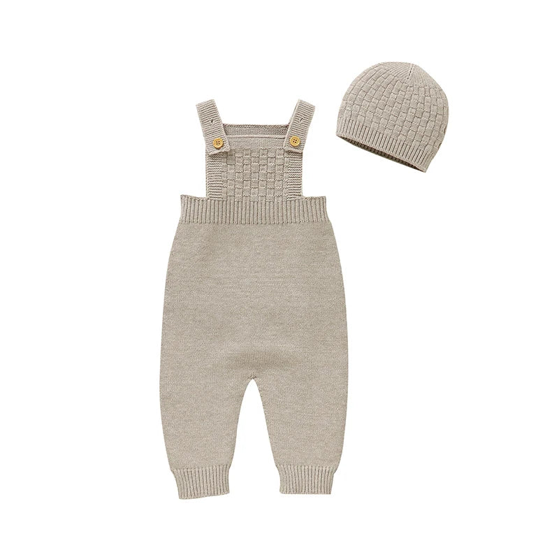 Newborn Baby Sleeveless Rompers Sleeveless Knit Infant Boys Girls Strap Jumpsuits Hats Clothes Sets 0-18m Toddler Playsuits 2pcs