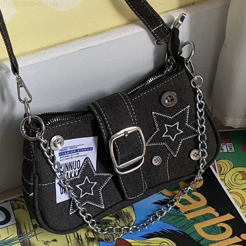 Vintage Canvas Female Small Shoulder Bags Chain Tote Purses Y2k Fashion Women's Handbags Stars Pattern Cool Girls Underarm Bag