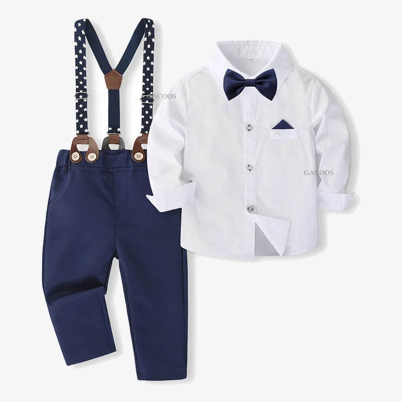 Boys Wedding Clothing Set Solid Cotton Shirt with Pants Kid Suspender Suit 0 1 2 3 4 Years Fall Birthday Costume Gentleman Child