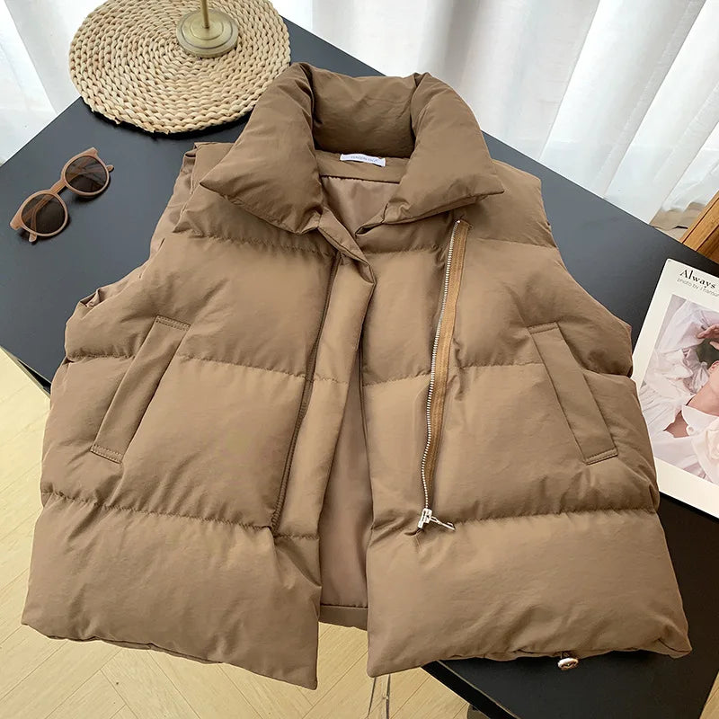 Women Fashion Autumn New 2024 Stand Collar Elegant Down Coats Warm Outerwear Casual Belt Sleeveless Winter Women Vests Jackets