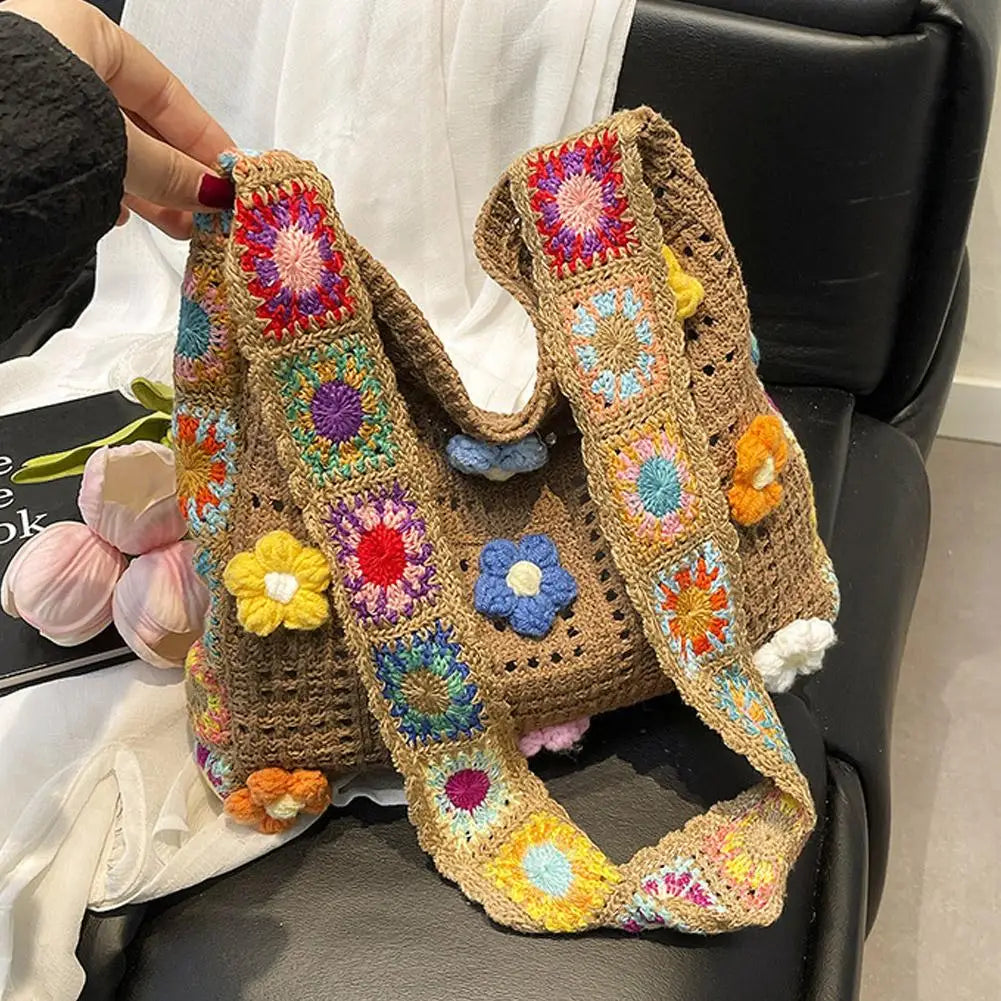 Knitted Bag Summer Beach Bag Forest-inspired Boho Crochet Bag Flowers Knitted Handbags Crossbody Shoulder Ladies Fashion Bag