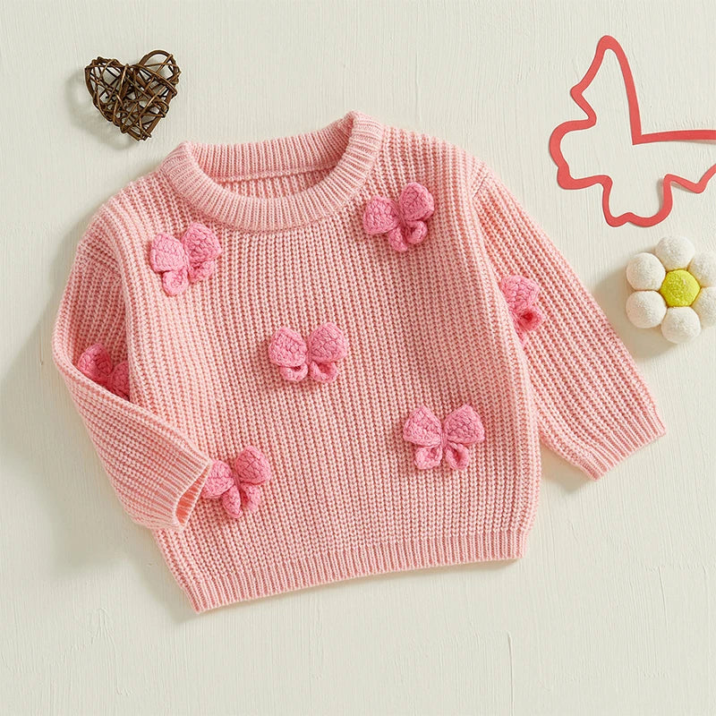 Pudcoco Toddler Kids Baby Girl Fall Sweater 3D Bowknot Long Sleeve Crew Neck Warm Clothes Winter Knitwear 9M-4T