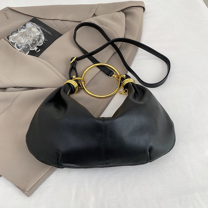 2025 Fashion Hobo Bag Luxury Designer Handbag Brand Women Tote Bag Gold Ring Handle Clutch Bag 8 Colors Pu Leather Lady Bag