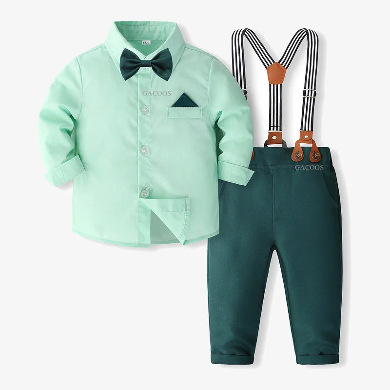Boys Wedding Clothing Set Solid Cotton Shirt with Pants Kid Suspender Suit 0 1 2 3 4 Years Fall Birthday Costume Gentleman Child