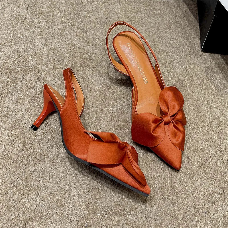 High Heels For Women Spring Summer Pointed Toe Shallow Mouth Versatile Slip-Ons With Silk Bowknot And Thin Heel