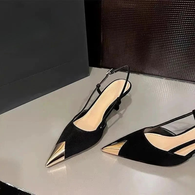 Pointed Toe High Heels Women's Thin Heel Summer 2026 New Black Seductive Suede Personality Wrap Head Sandals Women Fashionable