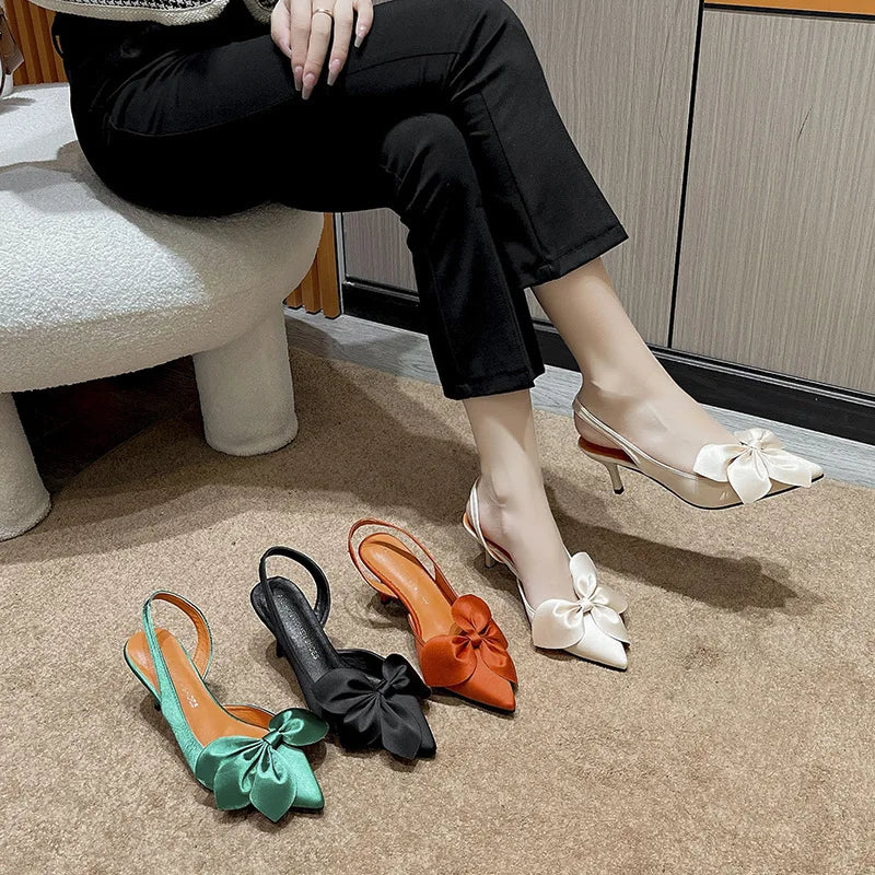 High Heels For Women Spring Summer Pointed Toe Shallow Mouth Versatile Slip-Ons With Silk Bowknot And Thin Heel
