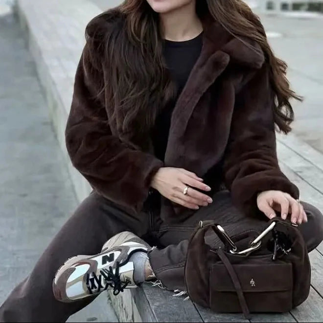 HH Women Casual Brown Short Faux Fur Coat Turn-Down Collar Long Sleeve Jacket 2025 Autumn Winter Loose High Street Outwear