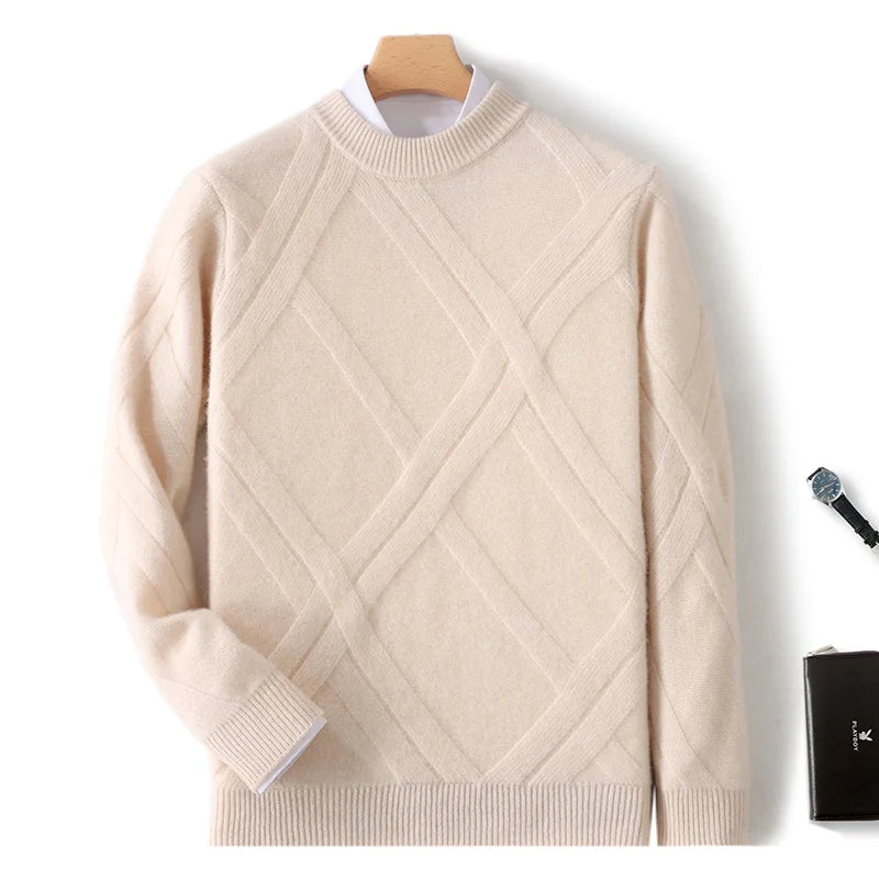 Round neck and long sleeves men's bottoming 100% pure cashmere men's double-stranded thick warm twisted leisure.
