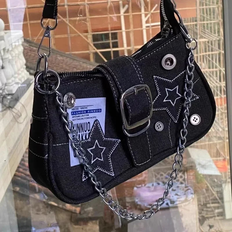 Vintage Canvas Female Small Shoulder Bags Chain Tote Purses Y2k Fashion Women's Handbags Stars Pattern Cool Girls Underarm Bag