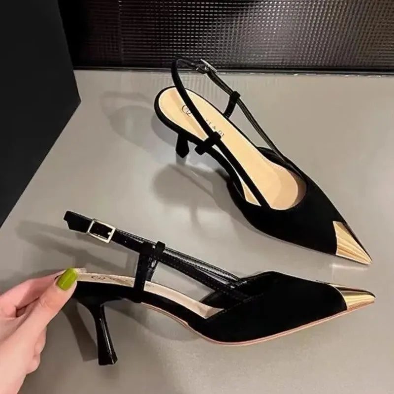 Pointed Toe High Heels Women's Thin Heel Summer 2026 New Black Seductive Suede Personality Wrap Head Sandals Women Fashionable