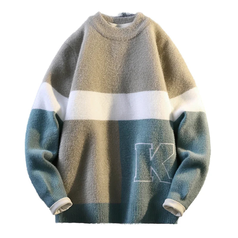 Trendy Men's Round Neck Sweater Autumn Winter Color Block Knitwear Minimalist Urban Loose Pullover Fashion Casual Streetwear Top