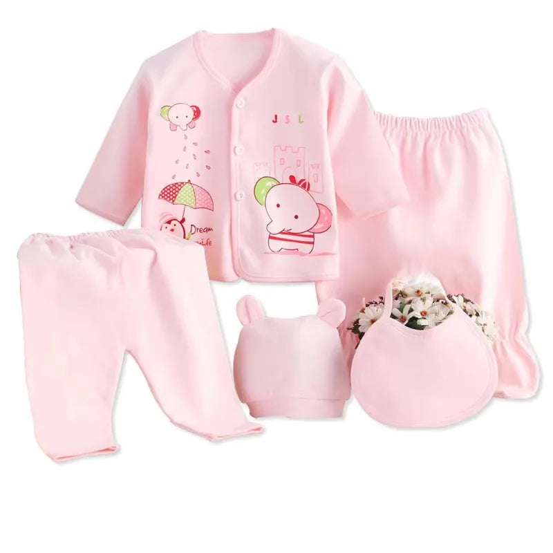 Newborn Baby Clothes Set ( 5pcs/set) Infant Girl Boy Shirt Pant Bib Hat Clothing Suit