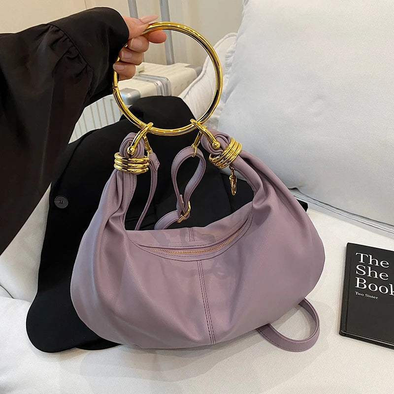 2025 Fashion Hobo Bag Luxury Designer Handbag Brand Women Tote Bag Gold Ring Handle Clutch Bag 8 Colors Pu Leather Lady Bag
