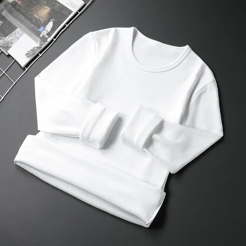 Men's Fleece Lined Thickened Long Sleeve T-Shirt round Neck Base Shirt Autumn Clothes Winter Long Sleeve Breathable Casual Wear