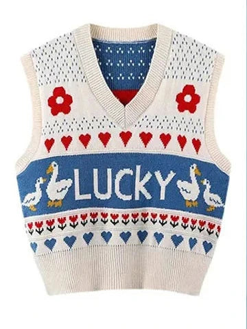 Japan Style Cute Women Sweater Vest Printed Sleeveless Loose Outerwear Knitted Waistcoat 2026 Vintage Y2K Autumn Pullovers Tops