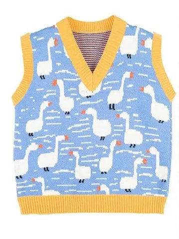 Japan Style Cute Women Sweater Vest Printed Sleeveless Loose Outerwear Knitted Waistcoat 2026 Vintage Y2K Autumn Pullovers Tops