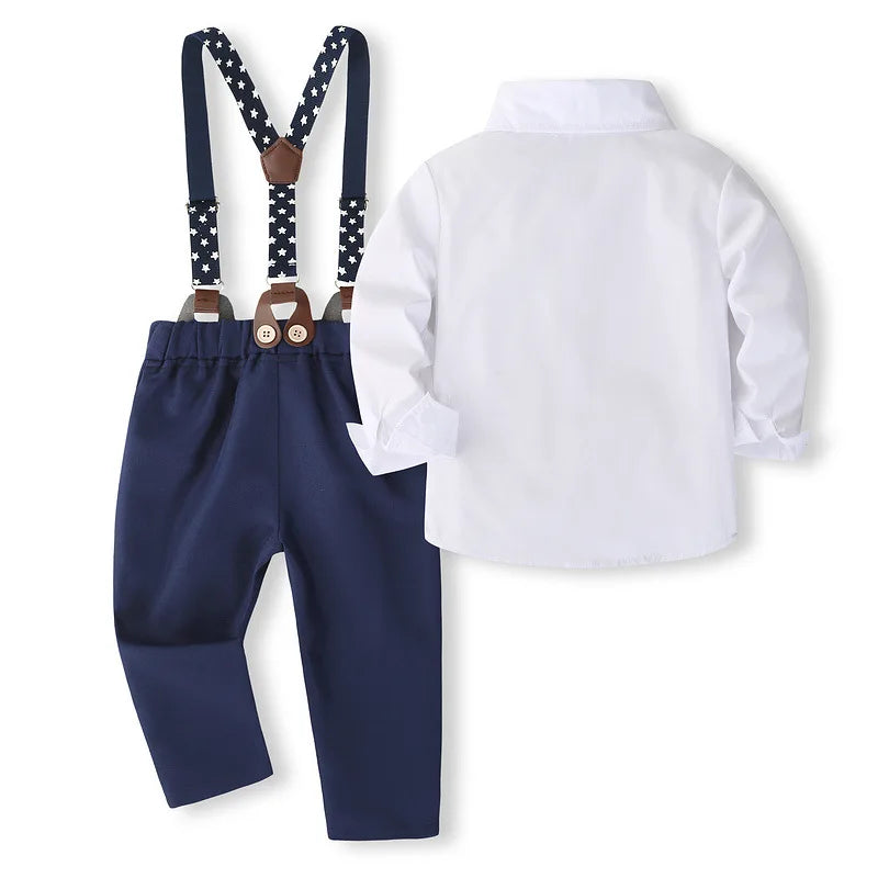 Boys Wedding Clothing Set Solid Cotton Shirt with Pants Kid Suspender Suit 0 1 2 3 4 Years Fall Birthday Costume Gentleman Child